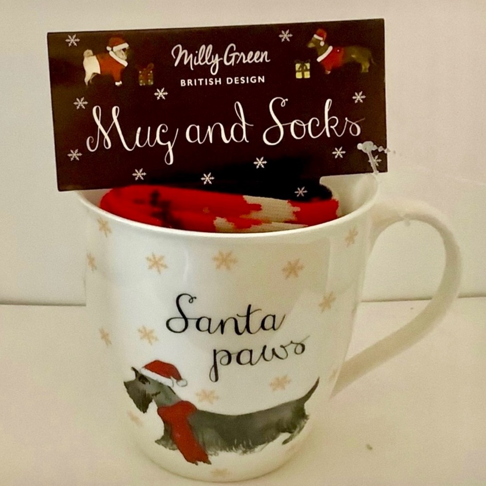 Brand New Milly Green British terrier Christmas mug with socks
